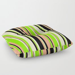 [ Thumbnail: Light Salmon, Black, Bisque & Chartreuse Colored Striped/Lined Pattern Floor Pillow ]