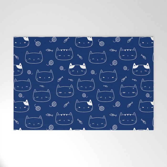 Blue and White Doodle Kitten Faces Pattern Welcome Mat