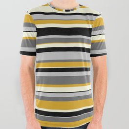 [ Thumbnail: Eyecatching Dim Grey, Goldenrod, Beige, Black & Grey Colored Pattern of Stripes All Over Graphic Tee ]
