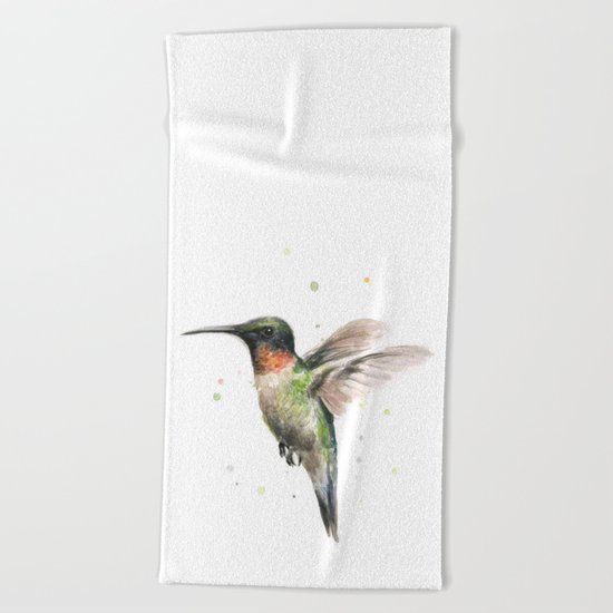 Hummingbird Watercolor Bird Animal Ruby Throated Beach Towel