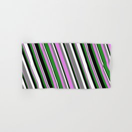 [ Thumbnail: Colorful Gray, Violet, Forest Green, Black & White Colored Striped Pattern Hand & Bath Towel ]