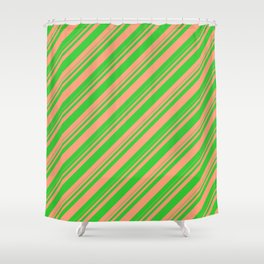 [ Thumbnail: Lime Green & Light Salmon Colored Striped/Lined Pattern Shower Curtain ]