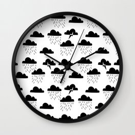 Clouds linocut black and white printmaking pattern black and white Wall Clock