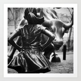 Fearless Girl facing down the Charging Bull statue of Wall Street black and white photography Art Print