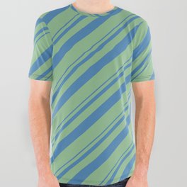 [ Thumbnail: Blue and Dark Sea Green Colored Lined/Striped Pattern All Over Graphic Tee ]