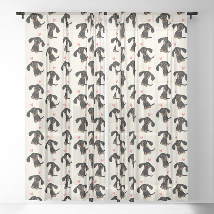 Dachshund Love | Cute Longhaired Black and Tan Wiener Dog Sheer Curtain