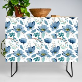 Watercolor blue floral and greenery design Credenza