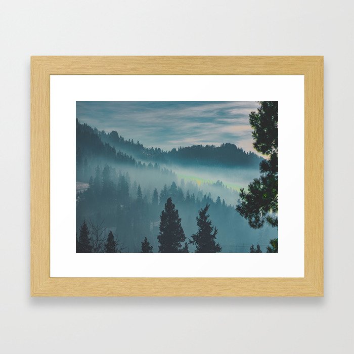 Misty Blue Watercolor Mountains Pine Trees Silhouette Minimalist Monochromatic Photo Framed Art Print