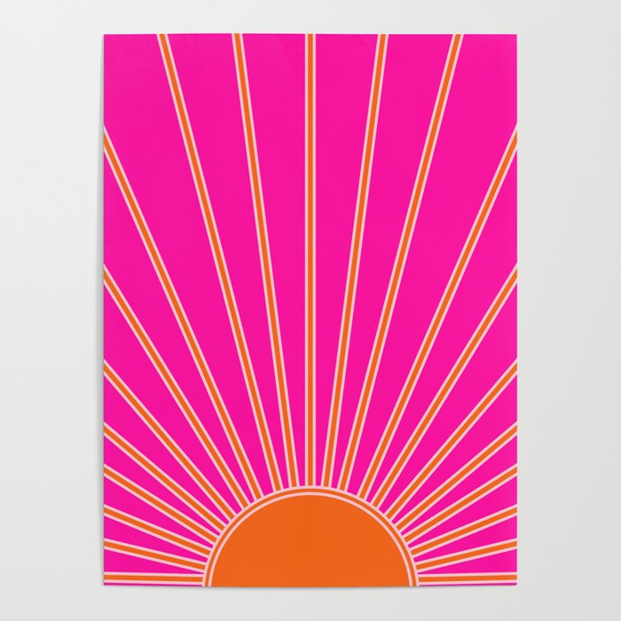 Sun Print Sunrise Hot Pink And Orange Sunshine Retro Sun Wall Art Vintage Boho Abstract Modern Decor Poster