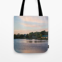 Morning Dew | Nature Landscape Photography of Peaceful Cabin by the Lake During Sunrise Tote Bag
