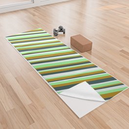 [ Thumbnail: Green, Dark Goldenrod, Dark Slate Gray & Mint Cream Colored Lines/Stripes Pattern Yoga Towel ]
