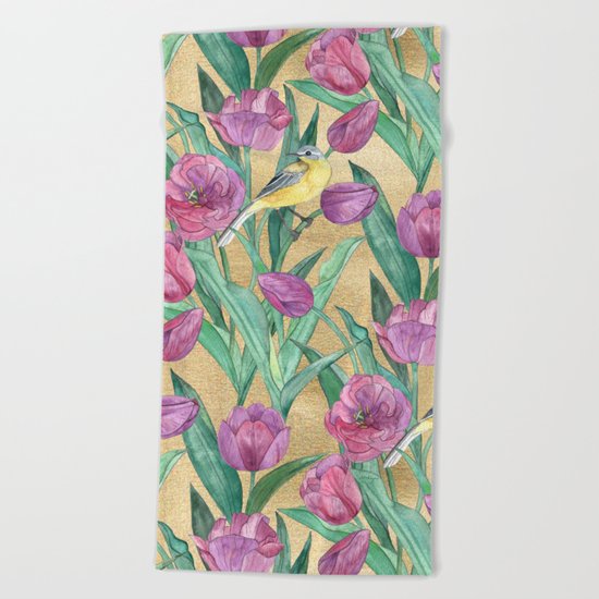 Blue Headed Wagtail in the Tulips Beach Towel