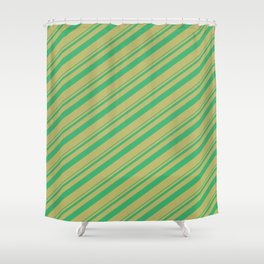 [ Thumbnail: Sea Green and Dark Khaki Colored Lined/Striped Pattern Shower Curtain ]