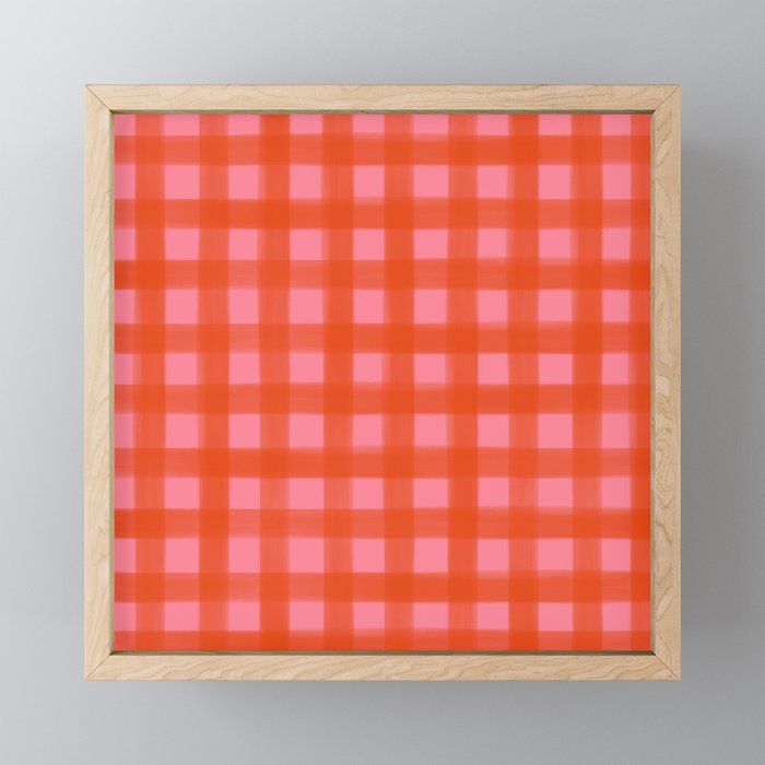 Watercolor Gingham - pink and tomato Framed Mini Art Print