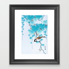 turquoise Great tit on Paulownia Branch by Ohara Koson Framed Art Print