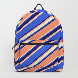 [ Thumbnail: Light Salmon, Beige, Royal Blue & Midnight Blue Colored Stripes/Lines Pattern Backpack ]