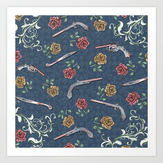 Elegant Guns, Knives and Roses on Blue Art Print
