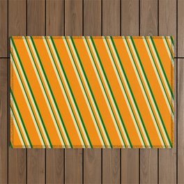 [ Thumbnail: Pale Goldenrod, Dark Orange, and Dark Green Colored Lined Pattern Outdoor Rug ]
