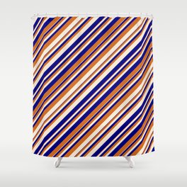 [ Thumbnail: Blue, Chocolate, and Beige Colored Lines/Stripes Pattern Shower Curtain ]