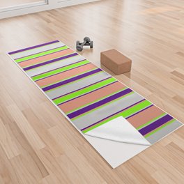 [ Thumbnail: Light Grey, Chartreuse, Dark Salmon, and Indigo Colored Striped/Lined Pattern Yoga Towel ]