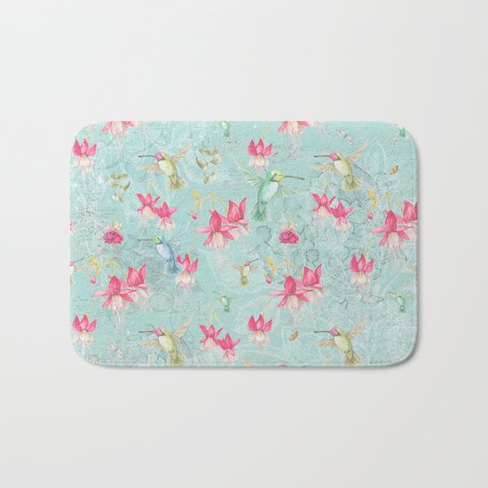 Vintage Watercolor hummingbird and Fuchsia Flowers on mint Background Bath Mat