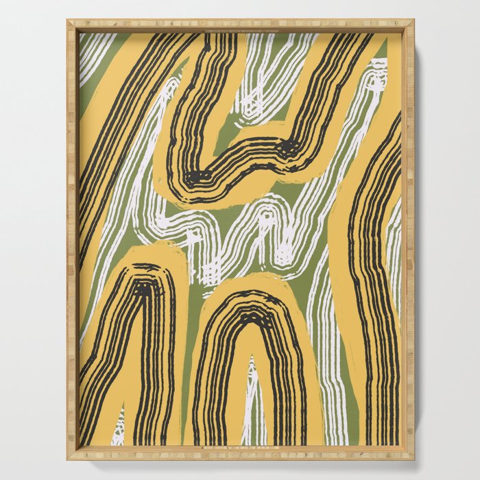 Yellow green thylacine stripe abstract Serving Tray