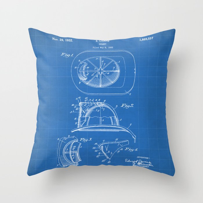 Firemans Helmet Patent - Fire Fighter Art - Blueprint Throw Pillow