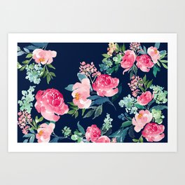 Navy and Pink Watercolor Peony Art Print