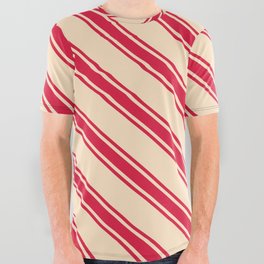 [ Thumbnail: Bisque & Crimson Colored Pattern of Stripes All Over Graphic Tee ]