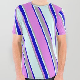 [ Thumbnail: Light Cyan, Blue, Violet, and Dark Grey Colored Lines/Stripes Pattern All Over Graphic Tee ]