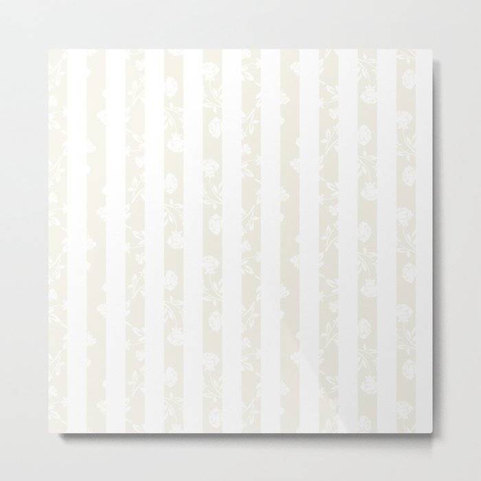 Floral White Rose Pattern on Cream Off-White and White Stripes Metal Print