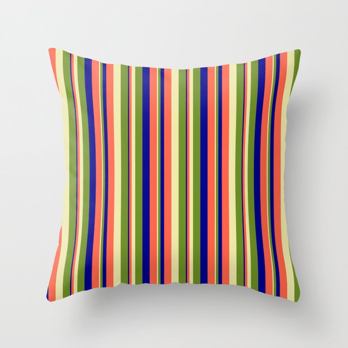 Pale Goldenrod, Green, Dark Blue & Red Colored Stripes/Lines Pattern Throw Pillow
