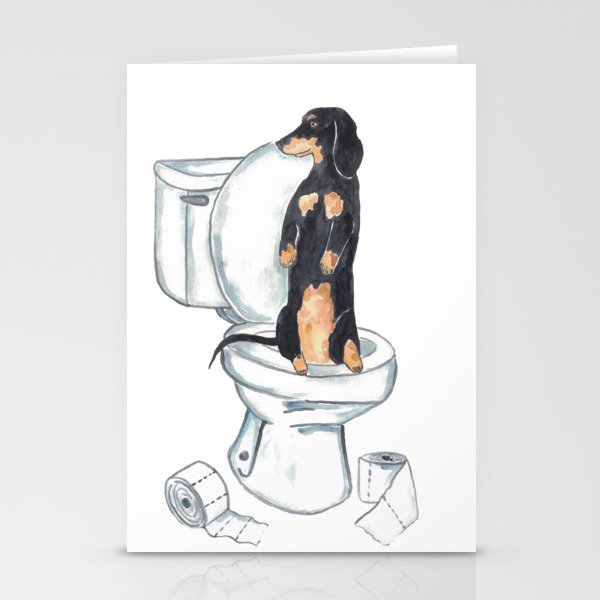 Dachshund dog toilet Painting Wall Poster Watercolor Stationery Cards