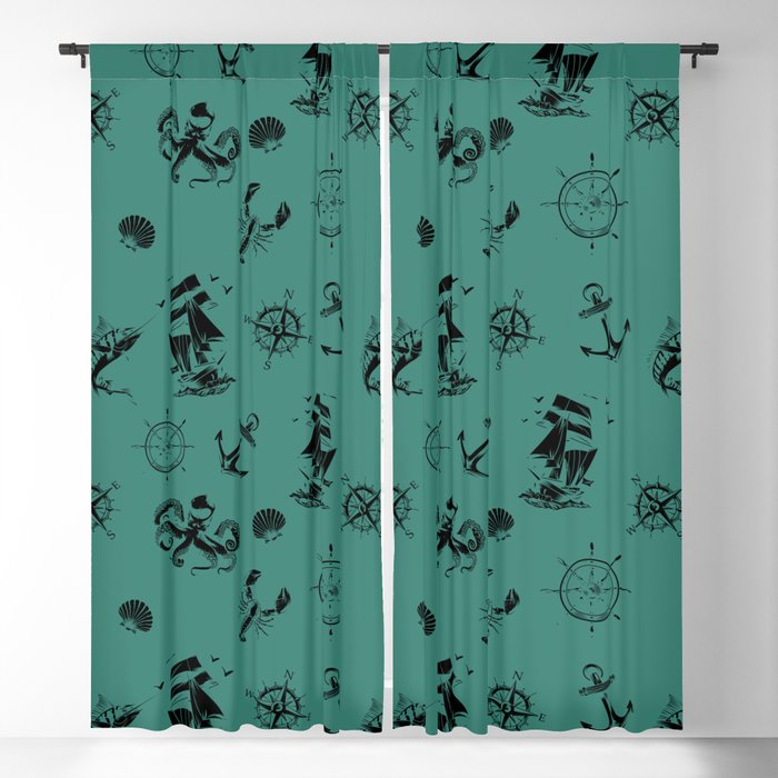 Green Blue And Black Silhouettes Of Vintage Nautical Pattern Blackout Curtain