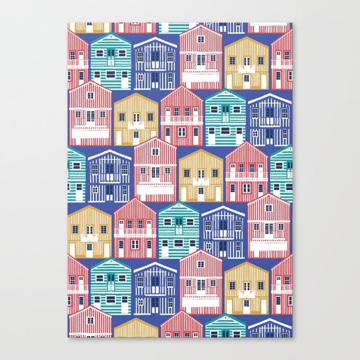 Colourful Portuguese houses // electric blue background rob roy yellow mandy red electric blue and peacock teal Costa Nova inspired houses Canvas Print