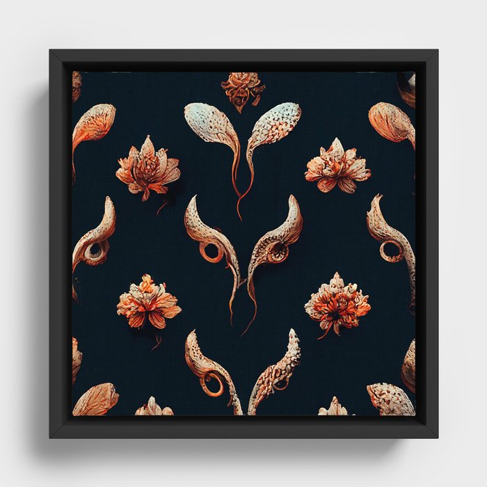 Rose Black Paisley Pattern Voynich Manuscript Exotic Flora Framed Canvas