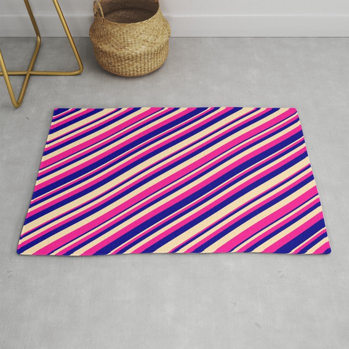 Deep Pink, Dark Blue & Beige Colored Lined Pattern Rug
