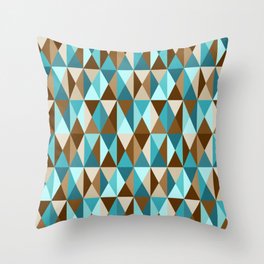 Mid Century Modern Triangle Block Geometric Pattern // Caribbean Blue, Ocean Blue, Dark Brown, Coffee Brown, Khaki Throw Pillow