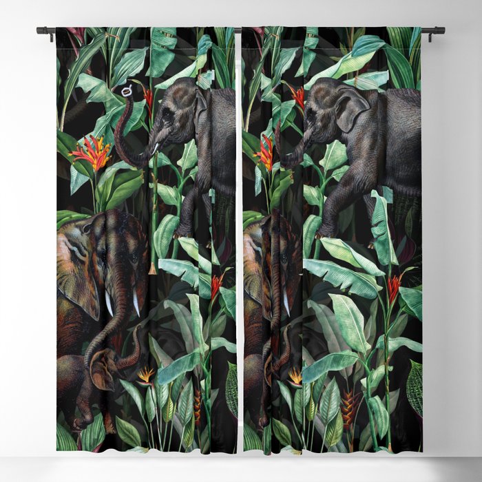 Vintage & Shabby Chic - Tropical Jungle and Elephants Night Blackout Curtain