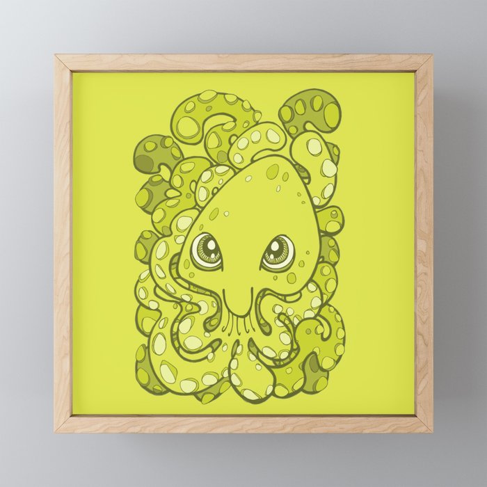 Happy Octopus Squid Kraken Cthulhu Sea Creature , Lime Punch Green Framed Mini Art Print by bignoseart