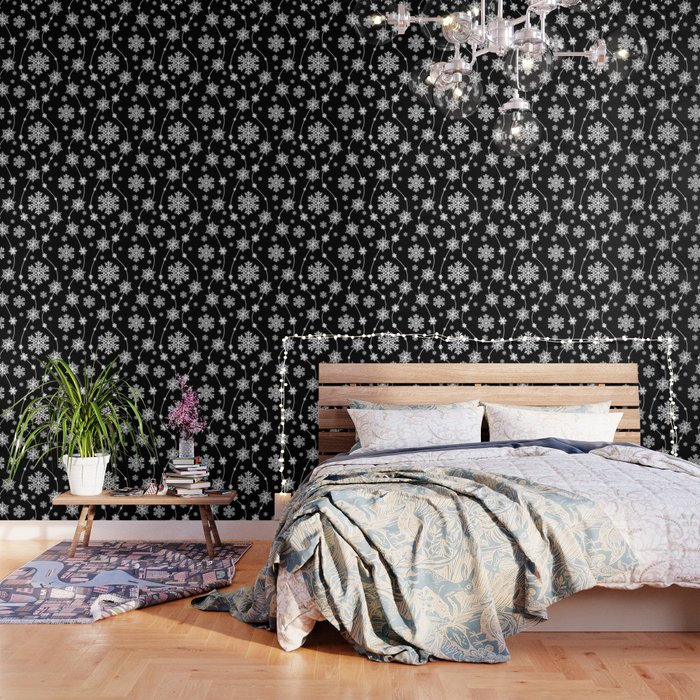 Festive Black and White Snowflake Pattern Wallpaper