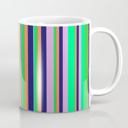 [ Thumbnail: Vibrant Lime Green, Coral, Midnight Blue, Plum, and Green Colored Lines/Stripes Pattern Coffee Mug ]