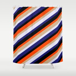 [ Thumbnail: Eyecatching Red, Tan, Lavender, Midnight Blue, and Black Colored Lines/Stripes Pattern Shower Curtain ]