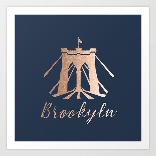 Rosegold on Navy Brooklyn Bridge Art Print