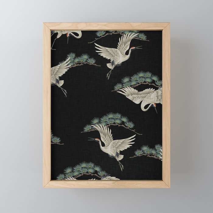 Asian Crane on Black Japanese Woodblock Art Framed Mini Art Print