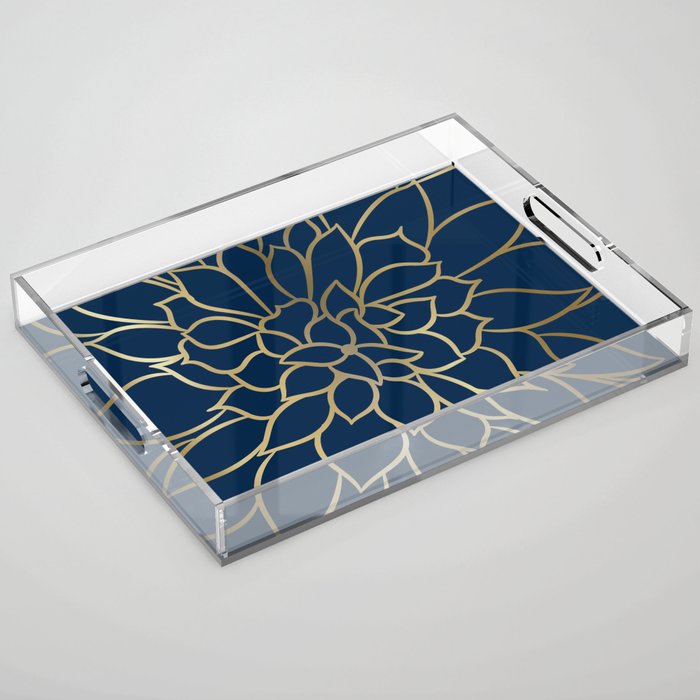 Floral Prints, Line Art, Navy Blue and Gold Acrylic Tray