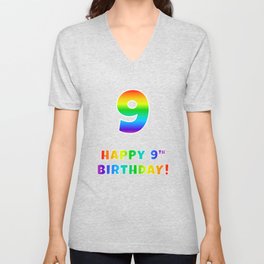[ Thumbnail: HAPPY 9TH BIRTHDAY - Multicolored Rainbow Spectrum Gradient V Neck T Shirt V-Neck T-Shirt ]