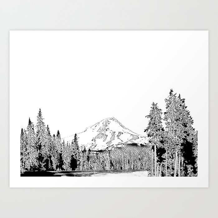 Mount Hood Oregon Black & White Sketch Art Print
