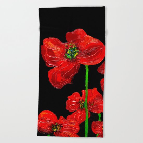 red flowers on black Beach Towel