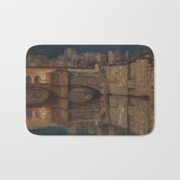 Florence, Italy nightscape city lights reflected River Arno at The Ponte-Vecchio bridge Tuscany landscape painting by William Holman Hunt Bath Mat